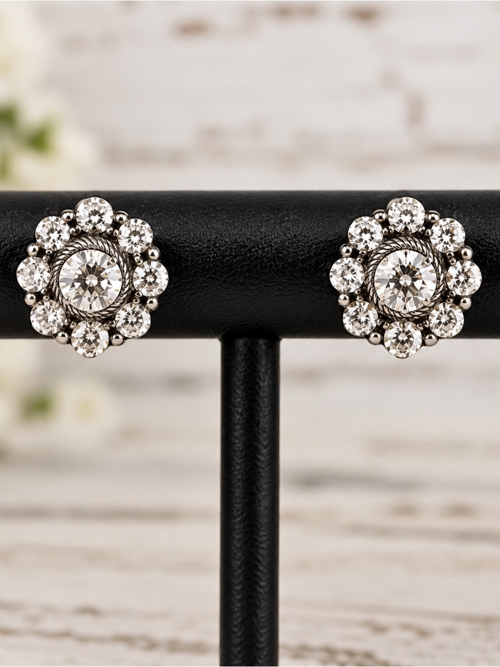 Judith Ripka CZ Halo Cluster Omega Back Earrings 925 Sterling Silver Signed